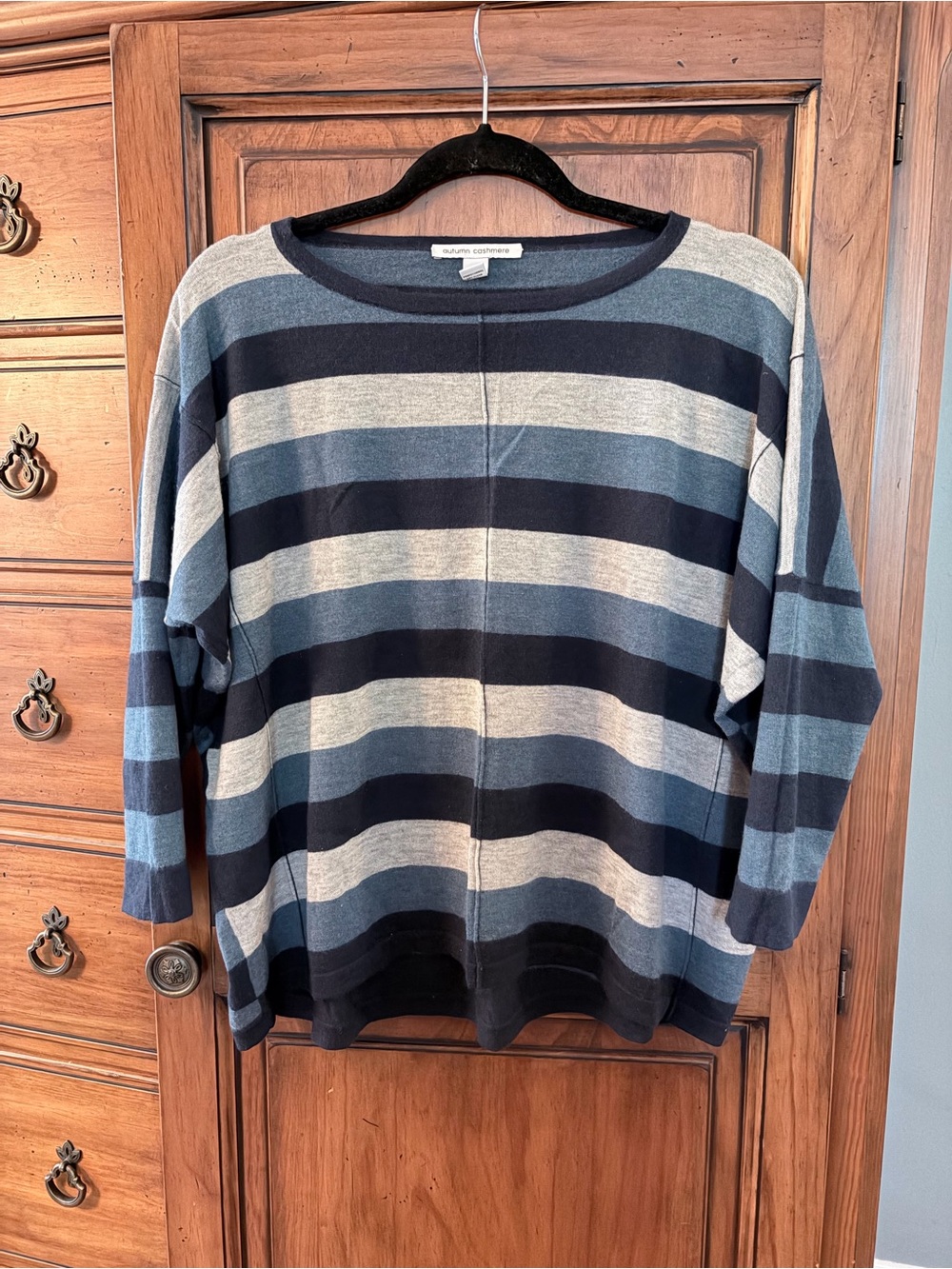 Autumn Cashmere Navy, Blue & Gray Striped Crewneck Sweater